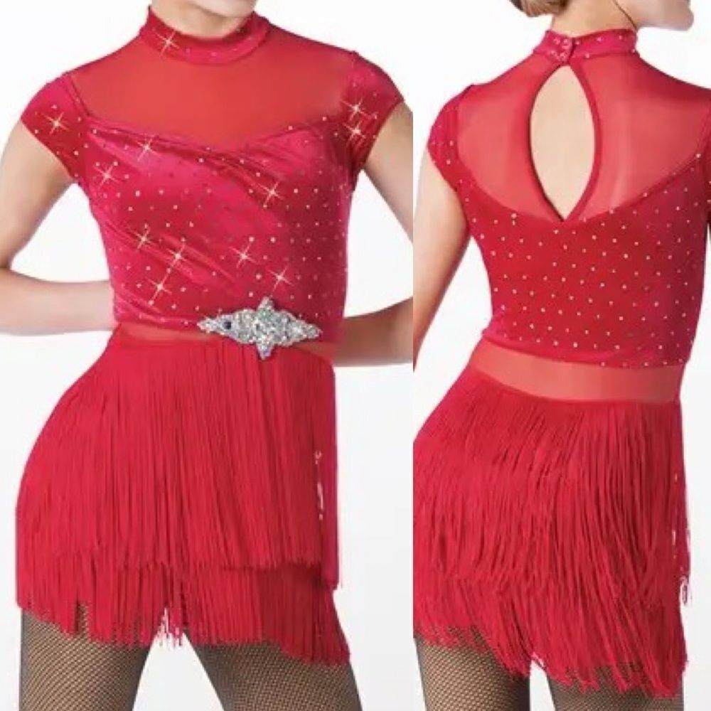 Weissman solo dance costume red velvet crystal fringe End Of Time 13009 SA